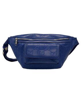 Gucci Waist Pouch GG Embossed Belt Bag Blue Perforated Leather